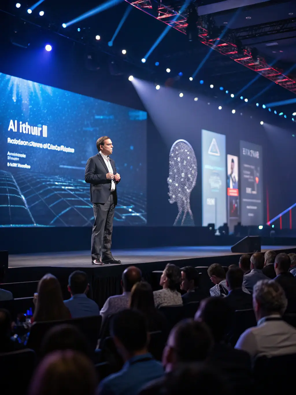 A captivating image from the recent Tech Innovation Conference in Hyderabad, showcasing a keynote speaker presenting on AI advancements, with a focus on the audience's engagement and the futuristic theme.