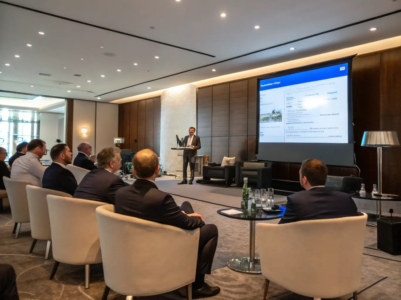 A sophisticated photograph of a corporate gathering in Delhi, India, with professionals attending a keynote speech.