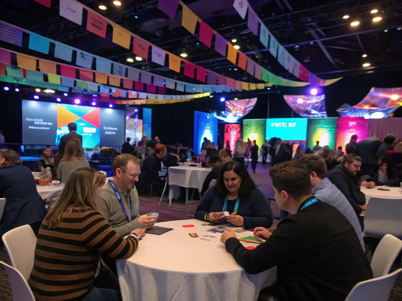 A vibrant photograph capturing the energy of a business conference in Mumbai, India, with attendees networking and engaging in discussions.