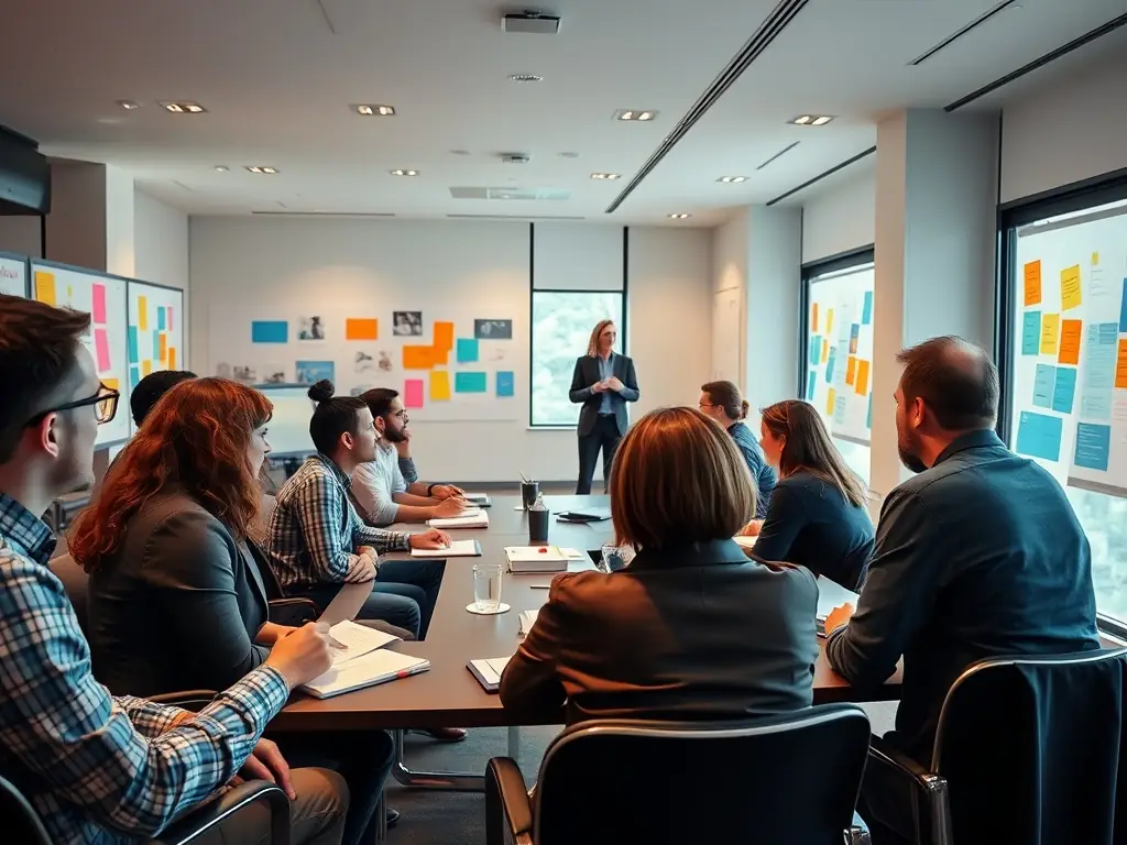 A photograph depicting a corporate gathering in Delhi, India, with professionals participating in a workshop session.